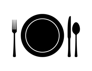 The dishes in the vector are isolated on a white background. Spoon fork knife plate hand-drawn. Table setting. The cutlery is black and white. Kitchen tools. Time to cook