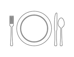 The dishes in the vector are isolated on a white background. Spoon fork knife plate hand-drawn. Table setting. The cutlery is black and white. Kitchen tools. Time to cook