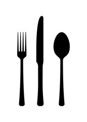 The dishes in the vector are isolated on a white background. Spoon fork knife plate hand-drawn. Table setting. The cutlery is black and white. Kitchen tools. Time to cook