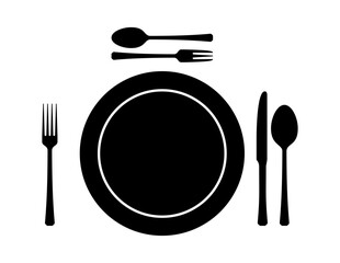 The dishes in the vector are isolated on a white background. Spoon fork knife plate hand-drawn. Table setting. The cutlery is black and white. Kitchen tools. Time to cook