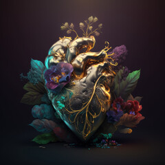 Human heart with flowers. Creative concept art. Generative AI