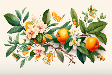Watercolor drawing of fresh orange and orange color tangerine with flowers and leaves, organic natural fruits on a white isolated background, freehand drawing, space for text. Generative AI.