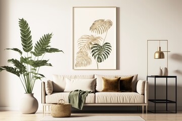 Mockup of a poster on the floor in a minimalist living room with a beige sofa, palm leaf accents, and a neutral backdrop color. Illustration,. Generative AI - obrazy, fototapety, plakaty