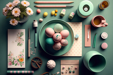 Easter flat lay with eggs and painting accessories. AI generated image