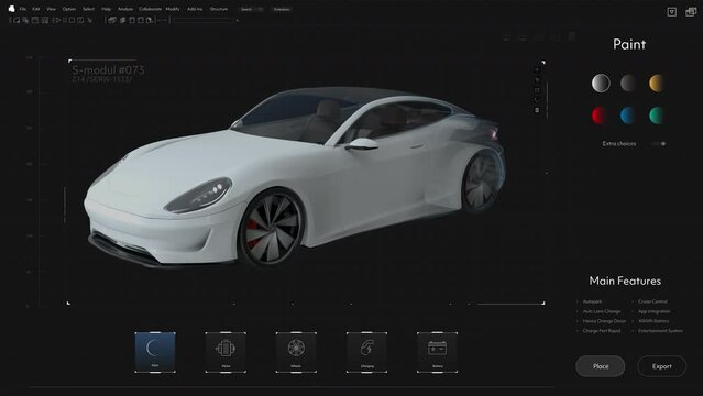 Dark Interface Mockup of Professional CAD Computer Software With 3D Design Of Modern Sports Vehicle. Animated 3D Design of Electrical Hyper Car. Programm Adding Graphical Layers to EV Model. VFX.