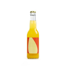 Yellow soft drink glass bottle with label on white background