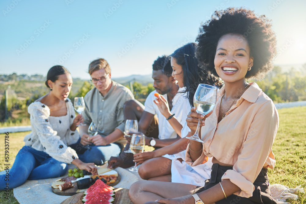 Wall mural Portrait, black woman and friends with picnic, celebration and summer. Diversity, people and park party with food, drinks and conversation for bonding, loving and connection for break, event or smile