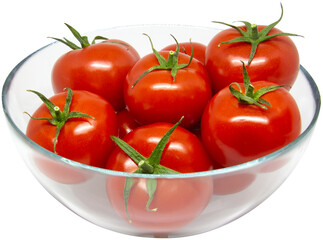 transparent bowl with red tomatoes, isolated on transparent or white background, png, mockup