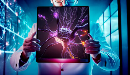 Médico mostrando una pantalla digital con la proyección de célula neuronal con actividad eléctrica.Neurociencia.
Sistema nervioso e impulso.Actividad cerebral, concepto de microbiología futurista e In - obrazy, fototapety, plakaty