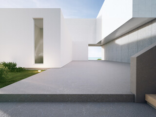 Empty gray concrete floor in minimal architecture. 3d rendering of abstract white building with beach and sea view background.