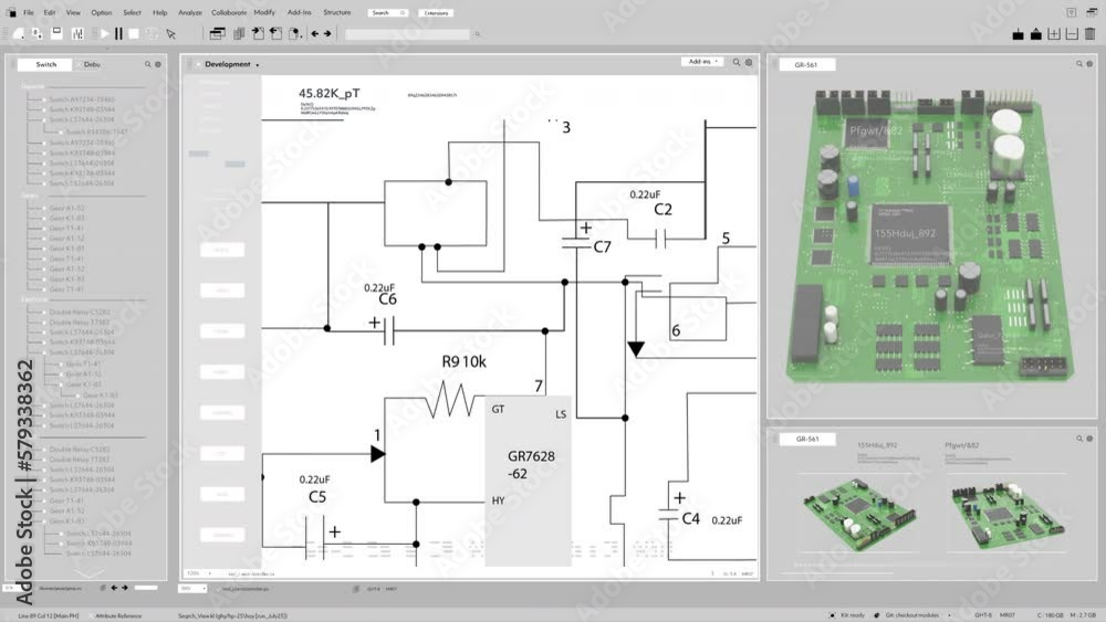 Poster Light Interface Mockup of Professional CAD Computer Software With Digital Diagram of Circuit Board Being Design. Modern Motherboard Production Process or Microchip For Electronic Devices Concept.