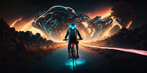 guy wearing Vr headset on futuristic bike entering VR world , generative ai
