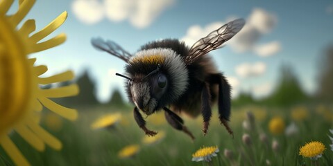 A close-up of a bumblebee hovering over a dandelion, captured in mid-flight with a high shutter speed , generative ai
