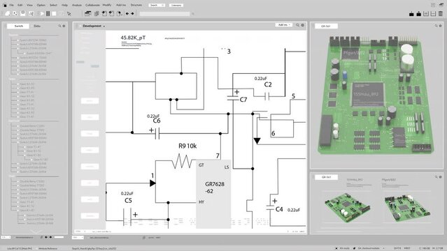 Light Interface Mockup of Professional CAD Computer Software With Digital Diagram of Circuit Board Being Design. Modern Motherboard Production Process or Microchip For Electronic Devices Concept.