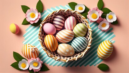 Fototapeta na wymiar Basket with natural painted Easter eggs,A top view of Easter eggs in an Easter basket on a plain colour background, image ai generate