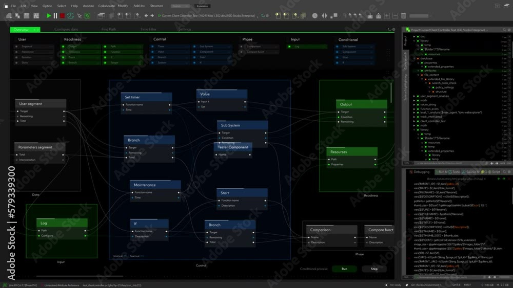 Fototapete Dark Computer Interface Mockup Of Programming Infrastructure For Automated Solutions. Automation Knods with Generic Programming Language and IP Addresses. Template for PC Displays and Laptop Screens.