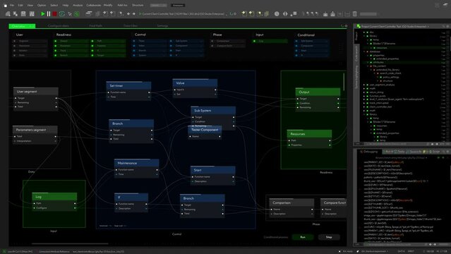 Dark Computer Interface Mockup Of Programming Infrastructure For Automated Solutions. Automation Knods with Generic Programming Language and IP Addresses. Template for PC Displays and Laptop Screens.