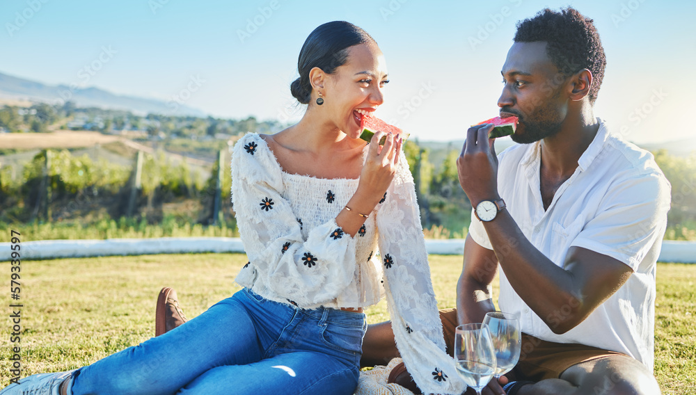 Canvas Prints Watermelon, love or black couple on a picnic to relax on a summer holiday vacation in nature or grass. Partnership, romance or happy black woman enjoys traveling or bonding with a funny black man