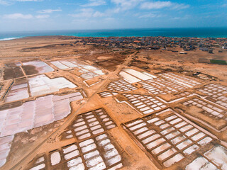 Aerial photos of Salines in Santa Maria, Sal Island in Cabo Verde showcase stunning salt flats,...
