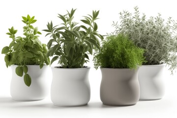 Various herbs (basil, thyme, parsley, and rosemary) grown in white containers and photographed against a white background. Generative AI