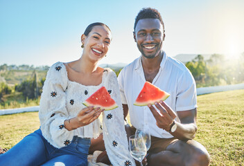 Couple, black people and picnic portrait with watermelon, champagne or nature for bonding, love or romance. Young happy couple, black woman and man with fruit, summer sunshine or happy in countryside
