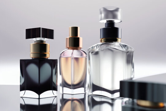 Black and transparent perfume bottles on a white background. AI generative.