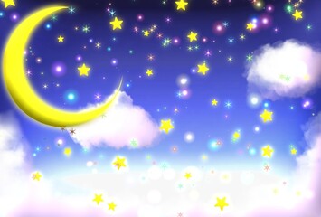 Obraz na płótnie Canvas 月と星と雲のキラキラファンタジー世界　　　　メルヘンで可愛い夜空の背景　ゆめかわゆめふわな夜の空の壁紙