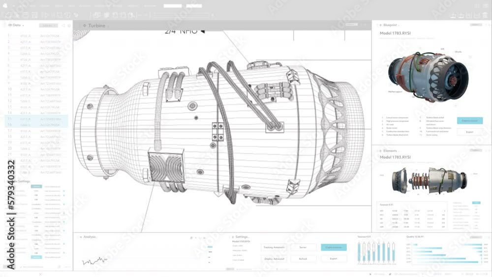 Aufkleber Mock Up Template of Light Interface of Professional CAD Computer Software With Blue Print and 3D Model of Modern Electric Powered Green Energy Jet Engine. Detailed Sketch Of Turbine With Measurements.