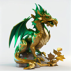 Golden green dragon. Statuette on a white background. Generative AI Digital Illustration