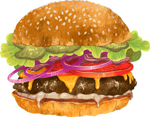 Drawing of a delicious burger with bacon cutlet cheese cheeseburger onion tomatoes greens sauce sesame bun