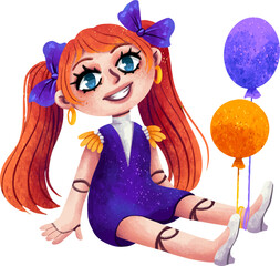 Drawing of a girl doll and balls, a doll on hinges, a children's illustration