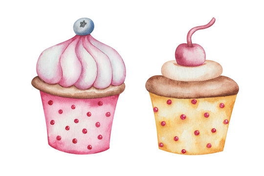Watercolor illustration. Hand painted cupcakes with meringue, cherry, blueberry, cream. Brown muffins in yellow and pink cups. Sweet food dessert. Isolated clip art for menu in cafes, advertisement