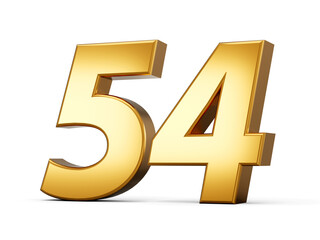 Golden metallic Number 54 Fifty four, White background 3d illustration