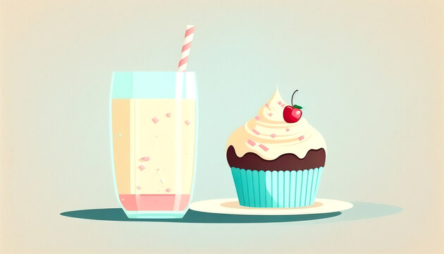 Appetizing cupcake and a glass of milk, generative AI.