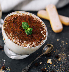 dessert tiramisu in glass close up