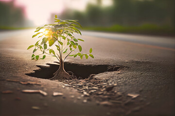 Tree growing through a piece of asphalt. Positive climate prospect an Earth Day protection concept. Afternoon backlit with blurred forest in background. Created with Generative AI. - obrazy, fototapety, plakaty