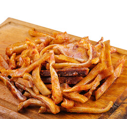 Delicious pork ears snack plate on white