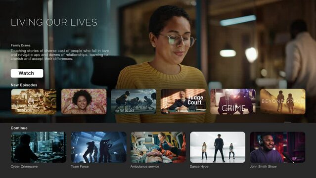 Interface of Streaming Service Website. Online Subscription Offers TV Shows, Realities, Fiction Movies, and Podcasts. Screen Replacement for Desktop PC and Laptops With Featured Family Drama.