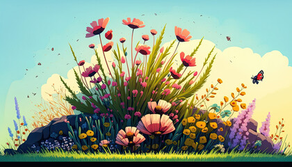 Beautiful landscape with flowers with the sky and clouds of background. Generative AI