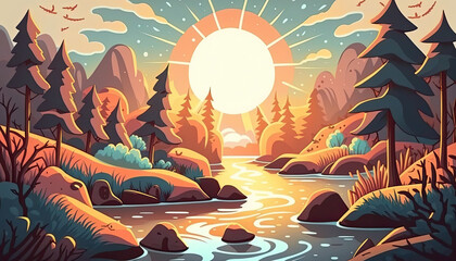 Beautiful landscape with a river and the sun of background at sunset. Generative AI