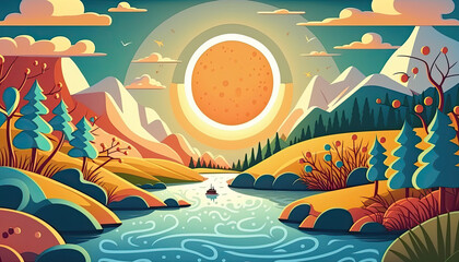Beautiful landscape with a river and the sun of background at sunset. Generative AI