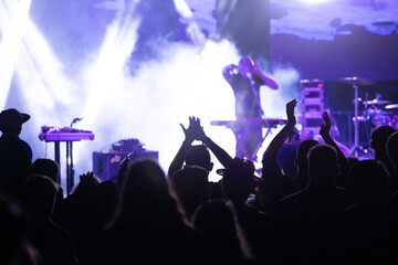Crowd at concert and blurred stage lights.