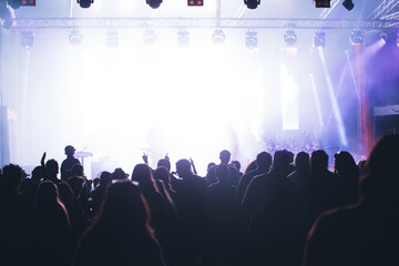 Crowd at concert and blurred stage lights.