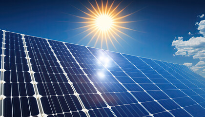 Solar energy panels under a blue sky. Ecological eletricity. Generative AI