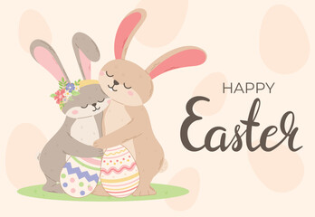 Two cute hugging hares with decorated eggs. Vector cartoon Happy Easter card.