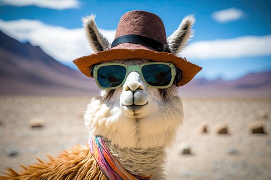 llama wearing sunglasses in Peru, llama dressed up in a costume, llama wearing a hat, llama in Peru. Llamas are adorable, and the ones in Peru are some of the most beautiful in all of South America