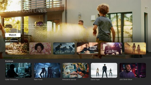 Interface of Streaming Service Website. Online Subscription Offers TV Shows, Realities and Fiction Films. Screen Replacement for Desktop PC and Laptops With Multiple Digital Media Shows Being Featured