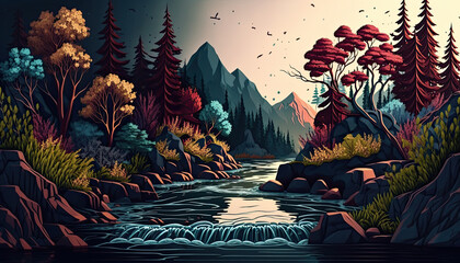 Beautiful landscape in the mountain with a river and many vegetation. Generative AI