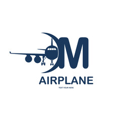Letter M with airplane vector logo template. Fonts for event, promo, logo, banner, monogram and poster. Alphabet label symbol for branding and identity