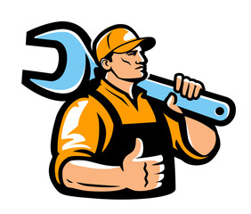 Construction worker, engineer emblem illustration. Builder with wrench, technician, mechanic. Workshop concept